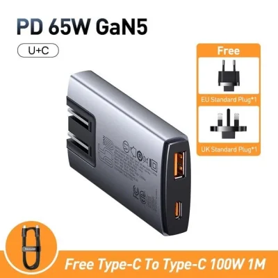 Bộ Sạc Nhanh Baseus GaN5 Pro Ultra-Slim C+U 65W - Siêu Mỏng, Sạc Laptop MacBook, Kèm Cáp 100W và Phích Cắm Du Lịch - Định nghĩa lại sự di động với bộ sạc <strong>Baseus GaN5 Pro Ultra-Slim C+U 65W</strong>. Nhờ công nghệ GaN5 Pro tiên tiến, củ sạc sở hữu thiết kế siêu mỏng chỉ 16mm, dễ dàng cắm sau đồ nội thất hoặc cất gọn trong túi. Với tổng công suất 65W mạnh mẽ, sản phẩm có thể sạc nhanh cho cả laptop, MacBook, máy tính bảng và điện thoại qua 2 cổng Type-C và USB-A. Phiên bản quốc tế đi kèm 3 phích cắm (EU, UK, US) và cáp sạc 100W, biến nó thành giải pháp năng lượng toàn diện cho mọi chuyến đi. Công nghệ BPS II phân bổ dòng điện thông minh, đảm bảo sạc nhanh và an toàn cho 2 thiết bị cùng lúc. Hãy chọn <strong>Baseus GaN5 Pro Ultra-Slim C+U 65W</strong> để trải nghiệm sự kết hợp hoàn hảo giữa thiết kế, tốc độ và sự tiện lợi.