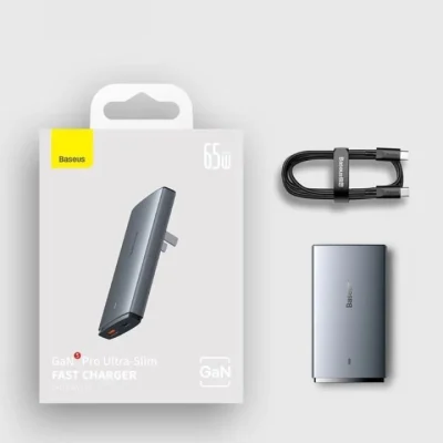 Bộ Sạc Nhanh Baseus GaN5 Pro Ultra-Slim C+U 65W - Siêu Mỏng, Sạc Laptop MacBook, Kèm Cáp 100W và Phích Cắm Du Lịch - Định nghĩa lại sự di động với bộ sạc <strong>Baseus GaN5 Pro Ultra-Slim C+U 65W</strong>. Nhờ công nghệ GaN5 Pro tiên tiến, củ sạc sở hữu thiết kế siêu mỏng chỉ 16mm, dễ dàng cắm sau đồ nội thất hoặc cất gọn trong túi. Với tổng công suất 65W mạnh mẽ, sản phẩm có thể sạc nhanh cho cả laptop, MacBook, máy tính bảng và điện thoại qua 2 cổng Type-C và USB-A. Phiên bản quốc tế đi kèm 3 phích cắm (EU, UK, US) và cáp sạc 100W, biến nó thành giải pháp năng lượng toàn diện cho mọi chuyến đi. Công nghệ BPS II phân bổ dòng điện thông minh, đảm bảo sạc nhanh và an toàn cho 2 thiết bị cùng lúc. Hãy chọn <strong>Baseus GaN5 Pro Ultra-Slim C+U 65W</strong> để trải nghiệm sự kết hợp hoàn hảo giữa thiết kế, tốc độ và sự tiện lợi.