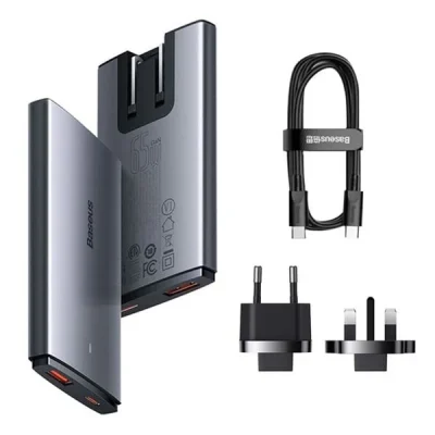 Bộ Sạc Nhanh Baseus GaN5 Pro Ultra-Slim C+U 65W - Siêu Mỏng, Sạc Laptop MacBook, Kèm Cáp 100W và Phích Cắm Du Lịch - Định nghĩa lại sự di động với bộ sạc <strong>Baseus GaN5 Pro Ultra-Slim C+U 65W</strong>. Nhờ công nghệ GaN5 Pro tiên tiến, củ sạc sở hữu thiết kế siêu mỏng chỉ 16mm, dễ dàng cắm sau đồ nội thất hoặc cất gọn trong túi. Với tổng công suất 65W mạnh mẽ, sản phẩm có thể sạc nhanh cho cả laptop, MacBook, máy tính bảng và điện thoại qua 2 cổng Type-C và USB-A. Phiên bản quốc tế đi kèm 3 phích cắm (EU, UK, US) và cáp sạc 100W, biến nó thành giải pháp năng lượng toàn diện cho mọi chuyến đi. Công nghệ BPS II phân bổ dòng điện thông minh, đảm bảo sạc nhanh và an toàn cho 2 thiết bị cùng lúc. Hãy chọn <strong>Baseus GaN5 Pro Ultra-Slim C+U 65W</strong> để trải nghiệm sự kết hợp hoàn hảo giữa thiết kế, tốc độ và sự tiện lợi.