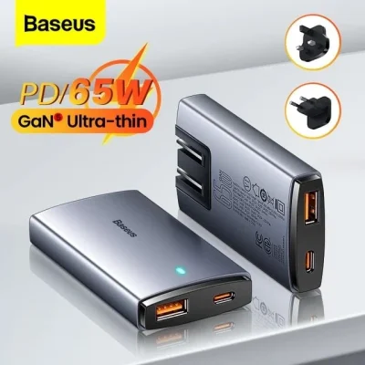 Bộ Sạc Nhanh Baseus GaN5 Pro Ultra-Slim C+U 65W - Siêu Mỏng, Sạc Laptop MacBook, Kèm Cáp 100W và Phích Cắm Du Lịch - Định nghĩa lại sự di động với bộ sạc <strong>Baseus GaN5 Pro Ultra-Slim C+U 65W</strong>. Nhờ công nghệ GaN5 Pro tiên tiến, củ sạc sở hữu thiết kế siêu mỏng chỉ 16mm, dễ dàng cắm sau đồ nội thất hoặc cất gọn trong túi. Với tổng công suất 65W mạnh mẽ, sản phẩm có thể sạc nhanh cho cả laptop, MacBook, máy tính bảng và điện thoại qua 2 cổng Type-C và USB-A. Phiên bản quốc tế đi kèm 3 phích cắm (EU, UK, US) và cáp sạc 100W, biến nó thành giải pháp năng lượng toàn diện cho mọi chuyến đi. Công nghệ BPS II phân bổ dòng điện thông minh, đảm bảo sạc nhanh và an toàn cho 2 thiết bị cùng lúc. Hãy chọn <strong>Baseus GaN5 Pro Ultra-Slim C+U 65W</strong> để trải nghiệm sự kết hợp hoàn hảo giữa thiết kế, tốc độ và sự tiện lợi.
