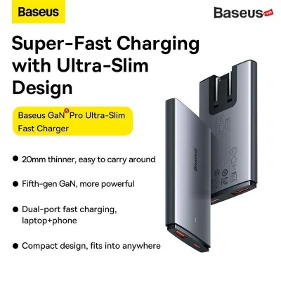 Bộ Sạc Nhanh Baseus GaN5 Pro Ultra-Slim C+U 65W - Siêu Mỏng, Sạc Laptop MacBook, Kèm Cáp 100W và Phích Cắm Du Lịch - Định nghĩa lại sự di động với bộ sạc <strong>Baseus GaN5 Pro Ultra-Slim C+U 65W</strong>. Nhờ công nghệ GaN5 Pro tiên tiến, củ sạc sở hữu thiết kế siêu mỏng chỉ 16mm, dễ dàng cắm sau đồ nội thất hoặc cất gọn trong túi. Với tổng công suất 65W mạnh mẽ, sản phẩm có thể sạc nhanh cho cả laptop, MacBook, máy tính bảng và điện thoại qua 2 cổng Type-C và USB-A. Phiên bản quốc tế đi kèm 3 phích cắm (EU, UK, US) và cáp sạc 100W, biến nó thành giải pháp năng lượng toàn diện cho mọi chuyến đi. Công nghệ BPS II phân bổ dòng điện thông minh, đảm bảo sạc nhanh và an toàn cho 2 thiết bị cùng lúc. Hãy chọn <strong>Baseus GaN5 Pro Ultra-Slim C+U 65W</strong> để trải nghiệm sự kết hợp hoàn hảo giữa thiết kế, tốc độ và sự tiện lợi.