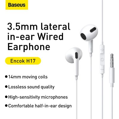 Tai nghe có dây hiệu Baseus Encok 3.5mm lateral in-ear H17 - Trải nghiệm sự thoải mái vượt trội với tai nghe <strong>Baseus Encok 3.5mm lateral in-ear H17</strong>. Thiết kế lateral in-ear với góc nghiêng 108° độc đáo giúp tai nghe nằm gọn trong vành tai một cách tự nhiên, không gây đau hay bí bách như các dòng in-ear truyền thống. Màng loa polymer 14mm kết hợp với khoang âm thanh độc lập mang đến chất âm cân bằng, bass mạnh mẽ và treble trong trẻo. Micro MEMS độ nhạy cao đảm bảo mọi cuộc gọi đều rõ ràng, liền lạc. Tích hợp bộ điều khiển 3 phím tiện lợi, dễ dàng thao tác nhạc và cuộc gọi. <strong>Baseus Encok 3.5mm lateral in-ear H17</strong> là lựa chọn hoàn hảo cho người dùng tìm kiếm sự thoải mái và chất lượng âm thanh ổn định hàng ngày.