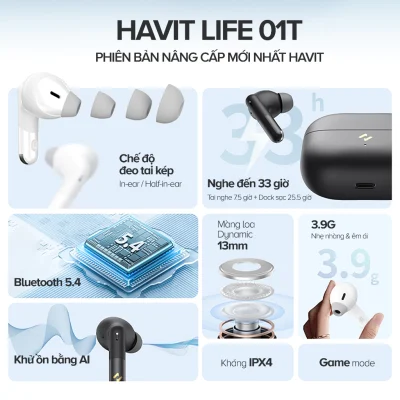 Tai Nghe True Wireless HAVIT LIFE 01T, Bluetooth 5, AI Khử Ồn, Nghe Đến 33H - Hàng Chính Hãng - Tận hưởng âm thanh tự do và những cuộc gọi trong trẻo với tai nghe True Wireless <strong>HAVIT LIFE 01T</strong>. Sản phẩm là sự kết hợp hoàn hảo giữa công nghệ và thời lượng pin, nổi bật với tính năng khử ồn cuộc gọi bằng thuật toán AI, giúp lọc bỏ tạp âm môi trường hiệu quả để giọng nói của bạn luôn rõ ràng. Đắm chìm trong âm nhạc cả ngày dài với thời lượng pin khủng lên đến 33 giờ khi dùng cùng hộp sạc. Kết nối Bluetooth 5.4 ổn định đảm bảo trải nghiệm không dây liền mạch. Với thiết kế ergonomic vừa vặn, điều khiển cảm ứng thông minh, <strong>HAVIT LIFE 01T</strong> là người bạn đồng hành lý tưởng cho công việc, học tập và giải trí mỗi ngày.