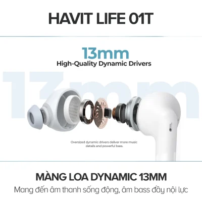 Tai Nghe True Wireless HAVIT LIFE 01T, Bluetooth 5, AI Khử Ồn, Nghe Đến 33H - Hàng Chính Hãng - Tận hưởng âm thanh tự do và những cuộc gọi trong trẻo với tai nghe True Wireless <strong>HAVIT LIFE 01T</strong>. Sản phẩm là sự kết hợp hoàn hảo giữa công nghệ và thời lượng pin, nổi bật với tính năng khử ồn cuộc gọi bằng thuật toán AI, giúp lọc bỏ tạp âm môi trường hiệu quả để giọng nói của bạn luôn rõ ràng. Đắm chìm trong âm nhạc cả ngày dài với thời lượng pin khủng lên đến 33 giờ khi dùng cùng hộp sạc. Kết nối Bluetooth 5.4 ổn định đảm bảo trải nghiệm không dây liền mạch. Với thiết kế ergonomic vừa vặn, điều khiển cảm ứng thông minh, <strong>HAVIT LIFE 01T</strong> là người bạn đồng hành lý tưởng cho công việc, học tập và giải trí mỗi ngày.