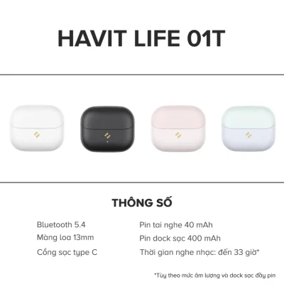 Tai Nghe True Wireless HAVIT LIFE 01T, Bluetooth 5, AI Khử Ồn, Nghe Đến 33H - Hàng Chính Hãng - Tận hưởng âm thanh tự do và những cuộc gọi trong trẻo với tai nghe True Wireless <strong>HAVIT LIFE 01T</strong>. Sản phẩm là sự kết hợp hoàn hảo giữa công nghệ và thời lượng pin, nổi bật với tính năng khử ồn cuộc gọi bằng thuật toán AI, giúp lọc bỏ tạp âm môi trường hiệu quả để giọng nói của bạn luôn rõ ràng. Đắm chìm trong âm nhạc cả ngày dài với thời lượng pin khủng lên đến 33 giờ khi dùng cùng hộp sạc. Kết nối Bluetooth 5.4 ổn định đảm bảo trải nghiệm không dây liền mạch. Với thiết kế ergonomic vừa vặn, điều khiển cảm ứng thông minh, <strong>HAVIT LIFE 01T</strong> là người bạn đồng hành lý tưởng cho công việc, học tập và giải trí mỗi ngày.