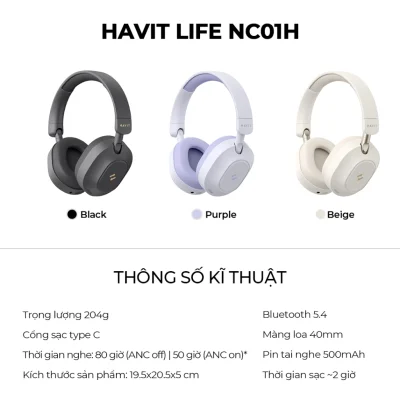 Tai Nghe Headphone HAVIT LIFE NC01H, Bluetooth 5.4, Chống Ồn ANC, Nghe Đến 80H - Hàng Chính Hãng - Lấy lại không gian tĩnh lặng của riêng bạn và đắm chìm trong âm nhạc không giới hạn với tai nghe headphone <strong>HAVIT LIFE NC01H</strong>. Đây là một cỗ máy âm thanh thực thụ, trang bị công nghệ chống ồn chủ động (ANC) hàng đầu, giảm tới 25dB tiếng ồn môi trường. Điểm nhấn không tưởng là thời lượng pin lên đến 80 giờ, cho phép bạn sử dụng hàng tuần liền mà không cần sạc. Trải nghiệm kết nối không dây hoàn hảo với Bluetooth 5.4 mới nhất và chất âm Hi-Res sống động. Với thiết kế chụp tai công thái học và đệm tai siêu mềm mại, <strong>HAVIT LIFE NC01H</strong> là người bạn đồng hành lý tưởng cho công việc, du lịch và những phút giây thư giãn trọn vẹn.