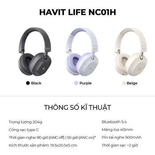 Tai Nghe Headphone HAVIT LIFE NC01H, Bluetooth 5.4, Chống Ồn ANC, Nghe Đến 80H - Hàng Chính Hãng - Hình ảnh 9