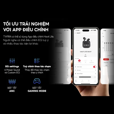 Tai Nghe Chống Ồn HAVIT LIFE NC01T | ANC & 4 Mic ENC, Bluetooth 5.4, Độ Trễ 55ms | Pin 35 Giờ, App Control, Chính Hãng - Làm chủ không gian âm thanh của bạn với tai nghe True Wireless <strong>HAVIT LIFE NC01T</strong>. Đây là cỗ máy công nghệ thực thụ, trang bị khả năng chống ồn kép: ANC chủ động loại bỏ tạp âm môi trường khi nghe nhạc, và 4 mic ENC lọc ồn hiệu quả cho những cuộc gọi trong trẻo. Trải nghiệm kết nối không dây hoàn hảo với Bluetooth 5.4 mới nhất, ổn định và tiết kiệm năng lượng. Chế độ Gaming Mode 55ms mang lại lợi thế chiến thuật trong mọi trận game. Tận hưởng chất âm sống động và thời lượng pin bền bỉ đến 24 giờ. Kết nối với App để tùy chỉnh, <strong>HAVIT LIFE NC01T</strong> là lựa chọn tối thượng cho công việc, giải trí và giao tiếp.