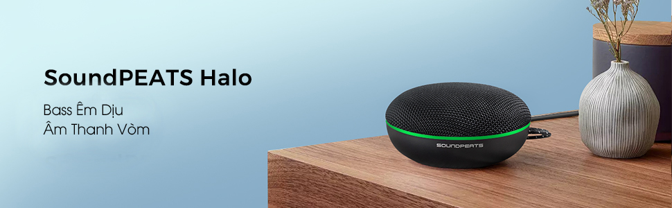 Loa Bluetooth SoundPEATS Halo, Driver 40mm, Pin 28H, IPX4, Bluetooth 5.0, RGB LED, Stereo Mode - Loa Bluetooth <strong>SoundPEATS Halo</strong> với thiết kế nhỏ gọn, driver 40mm, âm thanh vòm 360°, codec AAC/SBC. Pin 28H (không đèn), 14H (có đèn), sạc USB-C. IPX4 chống nước, micro tích hợp, Bluetooth 5.0, đèn RGB 3 màu, hỗ trợ Stereo Mode. Bảo hành 12 tháng, lý tưởng cho tiệc tùng, dã ngoại, nghe nhạc.
