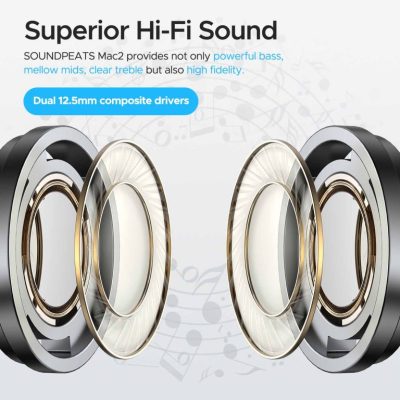 Tai nghe Bluetooth True Wireless SoundPeats Mac 2, In-ear, Driver 12.5mm, Pin 21H, IPX5, Bluetooth 5.0, ENC, Game Mode - Tai nghe <strong>SoundPeats Mac 2</strong> với thiết kế in-ear thể thao, driver 12.5mm, âm thanh Hi-Fi, codec AAC/SBC. Pin 4.2H (tai nghe), 21H (với hộp sạc), sạc USB-C. IPX5 chống nước, micro kép ENC, Bluetooth 5.0, Game Mode độ trễ thấp. Bảo hành 12 tháng, lý tưởng nghe nhạc, chơi game, tập luyện.