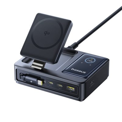 Đế sạc đa năng hiệu Baseus Nomos Qi2 5-in-1 with Retractable Cable 140W US - Màu đen - Dọn dẹp hoàn toàn không gian làm việc của bạn với trạm sạc tối thượng <strong>Baseus Nomos Qi2 5-in-1</strong>. Đây là giải pháp năng lượng "tất cả trong một", thay thế 5 củ sạc và mớ dây cáp rối rắm. Trạm sạc cung cấp sạc không dây từ tính chuẩn Qi2 15W cho iPhone, sạc riêng cho Apple Watch và AirPods, một cáp sạc USB-C rút gọn tiện lợi và một cổng USB-C 140W mạnh mẽ. Với công nghệ GaN tiên tiến, sản phẩm có thể sạc nhanh đồng thời cho cả MacBook Pro, iPhone và các phụ kiện khác trong một thiết kế nhỏ gọn, thanh lịch. Hãy đầu tư vào sự tối giản và hiệu suất đỉnh cao với <strong>Baseus Nomos Qi2 5-in-1</strong>.