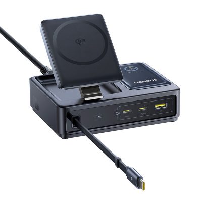 Đế sạc đa năng hiệu Baseus Nomos Qi2 5-in-1 with Retractable Cable 140W US - Màu đen - Dọn dẹp hoàn toàn không gian làm việc của bạn với trạm sạc tối thượng <strong>Baseus Nomos Qi2 5-in-1</strong>. Đây là giải pháp năng lượng "tất cả trong một", thay thế 5 củ sạc và mớ dây cáp rối rắm. Trạm sạc cung cấp sạc không dây từ tính chuẩn Qi2 15W cho iPhone, sạc riêng cho Apple Watch và AirPods, một cáp sạc USB-C rút gọn tiện lợi và một cổng USB-C 140W mạnh mẽ. Với công nghệ GaN tiên tiến, sản phẩm có thể sạc nhanh đồng thời cho cả MacBook Pro, iPhone và các phụ kiện khác trong một thiết kế nhỏ gọn, thanh lịch. Hãy đầu tư vào sự tối giản và hiệu suất đỉnh cao với <strong>Baseus Nomos Qi2 5-in-1</strong>.