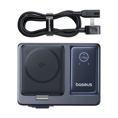 Đế sạc đa năng hiệu Baseus Nomos Qi2 5-in-1 with Retractable Cable 140W US - Màu đen - Dọn dẹp hoàn toàn không gian làm việc của bạn với trạm sạc tối thượng <strong>Baseus Nomos Qi2 5-in-1</strong>. Đây là giải pháp năng lượng "tất cả trong một", thay thế 5 củ sạc và mớ dây cáp rối rắm. Trạm sạc cung cấp sạc không dây từ tính chuẩn Qi2 15W cho iPhone, sạc riêng cho Apple Watch và AirPods, một cáp sạc USB-C rút gọn tiện lợi và một cổng USB-C 140W mạnh mẽ. Với công nghệ GaN tiên tiến, sản phẩm có thể sạc nhanh đồng thời cho cả MacBook Pro, iPhone và các phụ kiện khác trong một thiết kế nhỏ gọn, thanh lịch. Hãy đầu tư vào sự tối giản và hiệu suất đỉnh cao với <strong>Baseus Nomos Qi2 5-in-1</strong>.