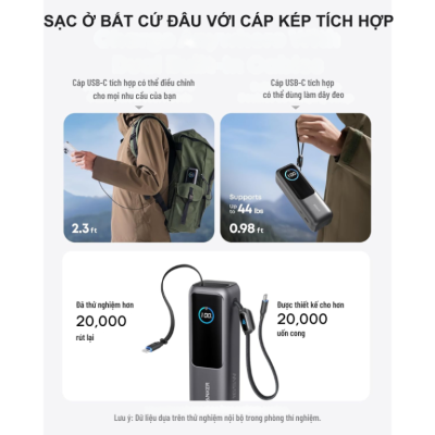 Pin Sạc Dự Phòng A1695- Anker Zolo 25.000mAh 165W A1695 Tích Hợp Cáp USB-C Thu Gọn - <strong>Pin Sạc Dự Phòng Anker Zolo A1695</strong> dung lượng 25.000mAh, công suất 165W, tích hợp 2 cáp USB-C (1 thu gọn 70cm, 1 cố định 30cm). Sạc nhanh 3 cổng USB-C 100W, 1 USB-A 33W, màn hình thông minh. <strong>A1695</strong> sạc 4 thiết bị, lý tưởng cho laptop, iPhone, Samsung. (110 chữ