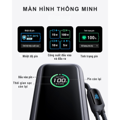 Pin Sạc Dự Phòng A1695- Anker Zolo 25.000mAh 165W A1695 Tích Hợp Cáp USB-C Thu Gọn - <strong>Pin Sạc Dự Phòng Anker Zolo A1695</strong> dung lượng 25.000mAh, công suất 165W, tích hợp 2 cáp USB-C (1 thu gọn 70cm, 1 cố định 30cm). Sạc nhanh 3 cổng USB-C 100W, 1 USB-A 33W, màn hình thông minh. <strong>A1695</strong> sạc 4 thiết bị, lý tưởng cho laptop, iPhone, Samsung. (110 chữ