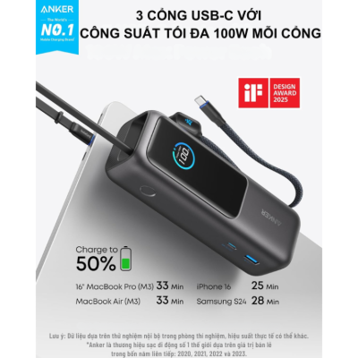 Pin Sạc Dự Phòng A1695- Anker Zolo 25.000mAh 165W A1695 Tích Hợp Cáp USB-C Thu Gọn - <strong>Pin Sạc Dự Phòng Anker Zolo A1695</strong> dung lượng 25.000mAh, công suất 165W, tích hợp 2 cáp USB-C (1 thu gọn 70cm, 1 cố định 30cm). Sạc nhanh 3 cổng USB-C 100W, 1 USB-A 33W, màn hình thông minh. <strong>A1695</strong> sạc 4 thiết bị, lý tưởng cho laptop, iPhone, Samsung. (110 chữ
