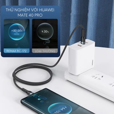 Dây sạc nhanh type C PD100W chính hãng Remax RC-172 dành cho điện thoại Samsung Huawei Xiaomi bện vải siêu bền - Khai phóng tốc độ sạc tối đa cho hệ sinh thái công nghệ của bạn với cáp sạc nhanh <strong>Remax RC-172</strong>. Sợi cáp Type-C to Type-C này hỗ trợ công suất Power Delivery (PD) khủng lên đến 100W, không chỉ kích hoạt chế độ sạc siêu nhanh cho Samsung, Huawei, Xiaomi mà còn đủ sức nạp năng lượng cho cả MacBook và laptop. Thân cáp được bọc vải dù bện mật độ cao siêu bền, chống rối và chống đứt gãy, đảm bảo tuổi thọ vượt trội. Tích hợp chip E-Marker thông minh để điều chỉnh dòng điện an toàn, <strong>Remax RC-172</strong> là giải pháp năng lượng toàn diện, mạnh mẽ và đáng tin cậy cho mọi thiết bị Type-C của bạn.