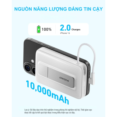 Pin Sạc Dự Phòng Hít Từ Tính Anker Zolo A1685 10.000mAh 30W Tích Hợp Cáp USB-C - A1685 - <strong>Pin Sạc Dự Phòng Anker Zolo A1685</strong> 10.000mAh, sạc nhanh 30W qua USB-C, sạc không dây MagSafe 7.5W cho iPhone 15/16, AirPods. Tích hợp cáp USB-C 5,4 inch, giá đỡ điều chỉnh 35-65°, màu Đen, Trắng, Xanh, Hồng. <strong>A1685</strong> nhỏ gọn, bền, lý tưởng cho di chuyển.