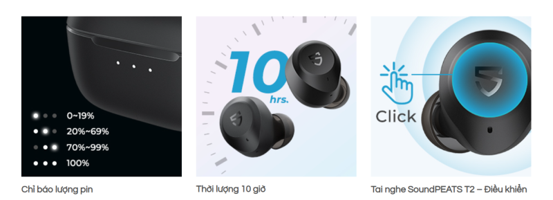 Tai nghe Bluetooth SoundPEATS T2, In-ear, Driver 12mm, Pin 30H, IPX5, Bluetooth 5.1, ANC 30dB, Transparent Mode - Tai nghe <strong>SoundPEATS T2</strong> thiết kế in-ear, driver 12mm, âm thanh sống động với codec SBC/AAC. Pin 10H (tai nghe), 30H (hộp sạc), sạc USB-C. IPX5 chống nước, ANC 30dB, micro kép ENC, Bluetooth 5.1, chế độ xuyên âm. Điều khiển cảm ứng. Bảo hành 12 tháng, lý tưởng cho nghe nhạc, chơi game, đàm thoại.