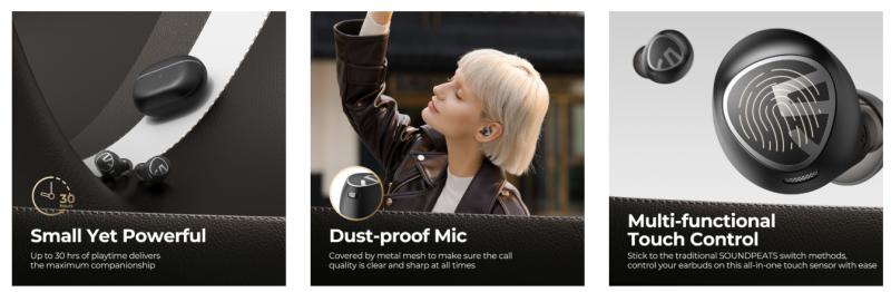 Tai nghe Bluetooth True Wireless Soundpeats Free2 Classic, In-ear, Driver 6mm, Pin 30H, IPX5, Bluetooth 5.1, ENC, Cảm ứng - Tai nghe <strong>Soundpeats Free2 Classic</strong> với thiết kế in-ear thời thượng, vỏ case khắc laser, driver 6mm, âm thanh sắc nét, codec AAC/SBC. Pin 8H (tai nghe), 30H (với hộp sạc), sạc USB-C. IPX5 chống nước, micro chống bụi ENC, Bluetooth 5.1. Điều khiển cảm ứng tiện lợi. Bảo hành 12 tháng, phù hợp nghe nhạc, đàm thoại, thể thao.