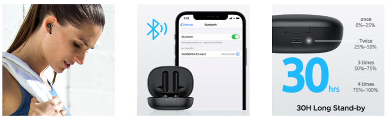 Tai nghe Bluetooth True Wireless SoundPeats Mac 2, In-ear, Driver 12.5mm, Pin 21H, IPX5, Bluetooth 5.0, ENC, Game Mode - Tai nghe <strong>SoundPeats Mac 2</strong> với thiết kế in-ear thể thao, driver 12.5mm, âm thanh Hi-Fi, codec AAC/SBC. Pin 4.2H (tai nghe), 21H (với hộp sạc), sạc USB-C. IPX5 chống nước, micro kép ENC, Bluetooth 5.0, Game Mode độ trễ thấp. Bảo hành 12 tháng, lý tưởng nghe nhạc, chơi game, tập luyện.