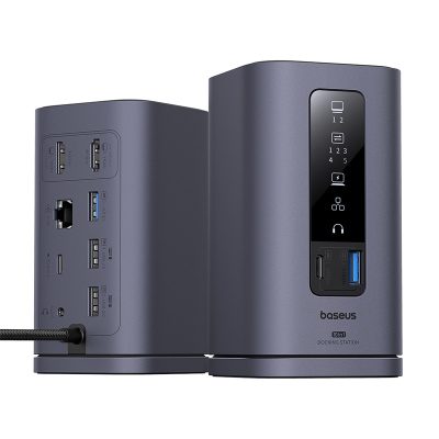 Thiết bị mở rộng hiệu Baseus Spacemate Series 10-in-1 (MAC) - Biến chiếc MacBook của bạn thành một trung tâm làm việc hiệu suất cao với <strong>Baseus Spacemate Series 10-in-1</strong>. Đây là giải pháp kết nối toàn diện, mở rộng một cổng Type-C thành 10 cổng chức năng mạnh mẽ: HDMI 4K@60Hz siêu mượt, các cổng USB 3.2 truyền dữ liệu 10Gbps siêu tốc, mạng LAN Gigabit, đầu đọc thẻ SD/TF, jack 3.5mm và sạc PD 100W. Với thiết kế đứng dọc độc đáo, sản phẩm giúp tiết kiệm không gian bàn làm việc và tản nhiệt hiệu quả. Vỏ nhôm cao cấp, sang trọng, <strong>Baseus Spacemate Series 10-in-1</strong> là trung tâm chỉ huy, giải phóng toàn bộ tiềm năng sáng tạo và hiệu suất làm việc của bạn.