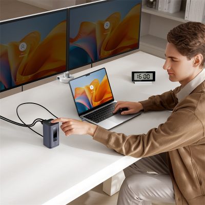 Thiết bị mở rộng hiệu Baseus Spacemate Series 10-in-1 (MAC) - Biến chiếc MacBook của bạn thành một trung tâm làm việc hiệu suất cao với <strong>Baseus Spacemate Series 10-in-1</strong>. Đây là giải pháp kết nối toàn diện, mở rộng một cổng Type-C thành 10 cổng chức năng mạnh mẽ: HDMI 4K@60Hz siêu mượt, các cổng USB 3.2 truyền dữ liệu 10Gbps siêu tốc, mạng LAN Gigabit, đầu đọc thẻ SD/TF, jack 3.5mm và sạc PD 100W. Với thiết kế đứng dọc độc đáo, sản phẩm giúp tiết kiệm không gian bàn làm việc và tản nhiệt hiệu quả. Vỏ nhôm cao cấp, sang trọng, <strong>Baseus Spacemate Series 10-in-1</strong> là trung tâm chỉ huy, giải phóng toàn bộ tiềm năng sáng tạo và hiệu suất làm việc của bạn.