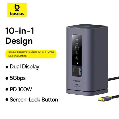 Thiết bị mở rộng hiệu Baseus Spacemate Series 10-in-1 (MAC) - Biến chiếc MacBook của bạn thành một trung tâm làm việc hiệu suất cao với <strong>Baseus Spacemate Series 10-in-1</strong>. Đây là giải pháp kết nối toàn diện, mở rộng một cổng Type-C thành 10 cổng chức năng mạnh mẽ: HDMI 4K@60Hz siêu mượt, các cổng USB 3.2 truyền dữ liệu 10Gbps siêu tốc, mạng LAN Gigabit, đầu đọc thẻ SD/TF, jack 3.5mm và sạc PD 100W. Với thiết kế đứng dọc độc đáo, sản phẩm giúp tiết kiệm không gian bàn làm việc và tản nhiệt hiệu quả. Vỏ nhôm cao cấp, sang trọng, <strong>Baseus Spacemate Series 10-in-1</strong> là trung tâm chỉ huy, giải phóng toàn bộ tiềm năng sáng tạo và hiệu suất làm việc của bạn.