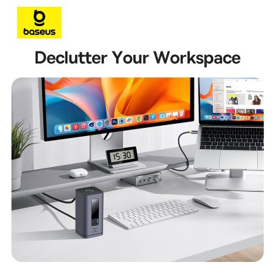 Thiết bị mở rộng hiệu Baseus Spacemate Series 10-in-1 (MAC) - Biến chiếc MacBook của bạn thành một trung tâm làm việc hiệu suất cao với <strong>Baseus Spacemate Series 10-in-1</strong>. Đây là giải pháp kết nối toàn diện, mở rộng một cổng Type-C thành 10 cổng chức năng mạnh mẽ: HDMI 4K@60Hz siêu mượt, các cổng USB 3.2 truyền dữ liệu 10Gbps siêu tốc, mạng LAN Gigabit, đầu đọc thẻ SD/TF, jack 3.5mm và sạc PD 100W. Với thiết kế đứng dọc độc đáo, sản phẩm giúp tiết kiệm không gian bàn làm việc và tản nhiệt hiệu quả. Vỏ nhôm cao cấp, sang trọng, <strong>Baseus Spacemate Series 10-in-1</strong> là trung tâm chỉ huy, giải phóng toàn bộ tiềm năng sáng tạo và hiệu suất làm việc của bạn.