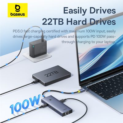 Thiết bị mở rộng hiệu Baseus UltraJoy Series 7-Port Docking Station - Nâng cấp toàn diện không gian làm việc của bạn với <strong>Baseus UltraJoy Series 7-Port Docking Station</strong>. Đây là giải pháp tối thượng giúp biến chiếc laptop Type-C mỏng nhẹ thành một trạm làm việc chuyên nghiệp, mạnh mẽ. Với 7 cổng kết nối thiết yếu: HDMI xuất hình ảnh 4K@60Hz siêu mượt, 3 cổng USB 3.0 tốc độ cao 5Gbps, khe đọc thẻ SD/TF tiện lợi cho nhiếp ảnh gia và nhà sáng tạo nội dung, cùng cổng sạc nhanh PD 100W. Thiết kế từ hợp kim nhôm sang trọng, tản nhiệt hiệu quả, trạm kết nối <strong>Baseus UltraJoy Series 7-Port Docking Station</strong> là trung tâm chỉ huy, giúp bạn tối ưu hóa hiệu suất, giải phóng sự sáng tạo và làm việc không giới hạn.