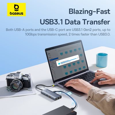 Thiết bị mở rộng hiệu Baseus UltraJoy Series 7-Port Docking Station - Nâng cấp toàn diện không gian làm việc của bạn với <strong>Baseus UltraJoy Series 7-Port Docking Station</strong>. Đây là giải pháp tối thượng giúp biến chiếc laptop Type-C mỏng nhẹ thành một trạm làm việc chuyên nghiệp, mạnh mẽ. Với 7 cổng kết nối thiết yếu: HDMI xuất hình ảnh 4K@60Hz siêu mượt, 3 cổng USB 3.0 tốc độ cao 5Gbps, khe đọc thẻ SD/TF tiện lợi cho nhiếp ảnh gia và nhà sáng tạo nội dung, cùng cổng sạc nhanh PD 100W. Thiết kế từ hợp kim nhôm sang trọng, tản nhiệt hiệu quả, trạm kết nối <strong>Baseus UltraJoy Series 7-Port Docking Station</strong> là trung tâm chỉ huy, giúp bạn tối ưu hóa hiệu suất, giải phóng sự sáng tạo và làm việc không giới hạn.