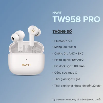 Tai Nghe True Wireless HAVIT TW958 Pro, Bluetooth 5.3, 2 Mic ENC+ ANC Nghe Đến 32H - Hàng Chính Hãng - Tận hưởng sự tĩnh lặng tuyệt đối và những cuộc gọi trong trẻo với tai nghe True Wireless <strong>HAVIT TW958 Pro</strong>. Đây là giải pháp âm thanh toàn diện, trang bị công nghệ chống ồn kép: ANC chủ động loại bỏ tạp âm môi trường khi nghe nhạc, và 2 mic ENC lọc ồn hiệu quả cho những cuộc gọi rõ ràng. Trải nghiệm kết nối không dây thế hệ mới với Bluetooth 5.3 ổn định, liền mạch. Đắm chìm trong âm nhạc cả ngày dài với tổng thời lượng pin lên đến 32 giờ. Với thiết kế công thái học vừa vặn và điều khiển cảm ứng thông minh, <strong>HAVIT TW958 Pro</strong> là người bạn đồng hành lý tưởng cho một cuộc sống năng động và không bị làm phiền.