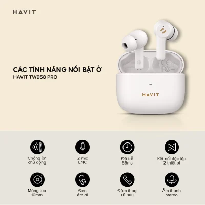 Tai Nghe True Wireless HAVIT TW958 Pro, Bluetooth 5.3, 2 Mic ENC+ ANC Nghe Đến 32H - Hàng Chính Hãng - Tận hưởng sự tĩnh lặng tuyệt đối và những cuộc gọi trong trẻo với tai nghe True Wireless <strong>HAVIT TW958 Pro</strong>. Đây là giải pháp âm thanh toàn diện, trang bị công nghệ chống ồn kép: ANC chủ động loại bỏ tạp âm môi trường khi nghe nhạc, và 2 mic ENC lọc ồn hiệu quả cho những cuộc gọi rõ ràng. Trải nghiệm kết nối không dây thế hệ mới với Bluetooth 5.3 ổn định, liền mạch. Đắm chìm trong âm nhạc cả ngày dài với tổng thời lượng pin lên đến 32 giờ. Với thiết kế công thái học vừa vặn và điều khiển cảm ứng thông minh, <strong>HAVIT TW958 Pro</strong> là người bạn đồng hành lý tưởng cho một cuộc sống năng động và không bị làm phiền.