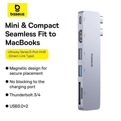 Thiết bị mở rộng hiệu Baseus UltraJoy Series 6-Port (Direct-Link Type) - Tối ưu hóa sức mạnh cho MacBook Pro/Air của bạn với hub <strong>Baseus UltraJoy Series 6-Port</strong>. Với thiết kế cắm trực tiếp (Direct-Link) độc đáo, hub gắn liền vào cạnh máy, tạo nên một tổng thể liền lạc, thẩm mỹ và loại bỏ hoàn toàn dây cáp rườm rà. Sản phẩm mở rộng 2 cổng Type-C thành 6 cổng thiết yếu: HDMI 4K, 2 cổng USB 3.0 tốc độ cao, khe đọc thẻ nhớ kép SD/TF và cổng Type-C hỗ trợ sạc nhanh PD. Vỏ nhôm nguyên khối sang trọng, tản nhiệt hiệu quả, <strong>Baseus UltraJoy Series 6-Port</strong> không chỉ là một phụ kiện, mà là một phần nâng cấp hoàn hảo, giúp bạn làm việc và sáng tạo không giới hạn, biến chiếc MacBook thành một trạm làm việc di động thực thụ.