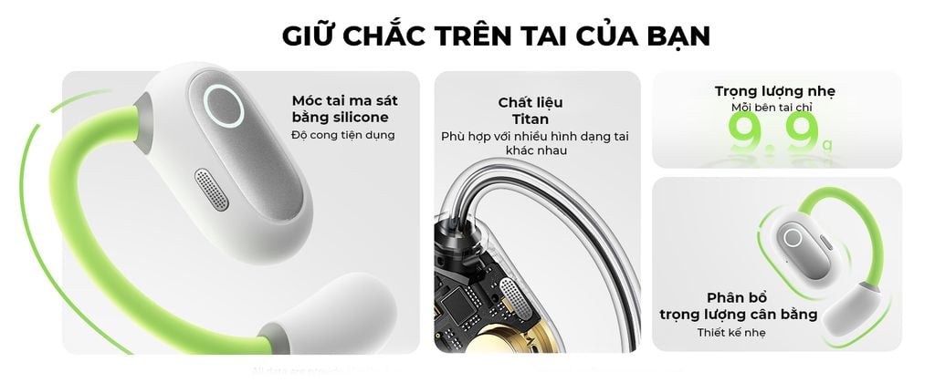 Tai Nghe Bluetooth Baseus Eli Sport 1 Open-Ear TWS Earbuds - Trải nghiệm âm nhạc mà không tách biệt với thế giới xung quanh cùng tai nghe thể thao <strong>Baseus Eli Sport 1 Open-Ear</strong>. Với thiết kế mở (Open-Ear) đột phá, tai nghe truyền âm thanh qua không khí mà không cần nhét vào trong tai, giúp bạn vừa thưởng thức âm nhạc vừa nhận biết được môi trường xung quanh, đảm bảo an toàn tối đa khi chạy bộ hay đạp xe. Móc tai silicon mềm mại, bám chắc vành tai, chống rơi rớt trong mọi hoạt động cường độ cao. Màng loa lớn 16.2mm cùng thuật toán tăng cường âm bass mang lại chất âm sống động, mạnh mẽ. Chuẩn chống nước IPX4 và tổng thời lượng pin 30 giờ biến <strong>Baseus Eli Sport 1 Open-Ear</strong> trở thành người bạn đồng hành lý tưởng cho mọi buổi tập.