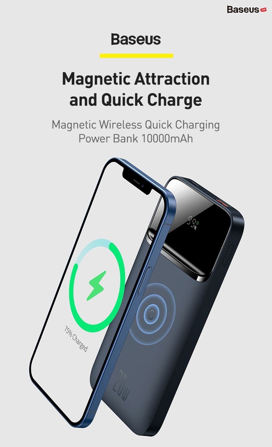 Sạc Dự Phòng Không Dây Baseus Magnetic Fast Charging 10000mAh 20W - Hít Từ Tính, Màn Hình LED, Sạc Nhanh PD Cho iPhone - Trải nghiệm sự tự do sạc không dây đích thực với pin sạc dự phòng <strong>Baseus Magnetic Fast</strong> Charging 10000mAh 20W. Với lực hít từ tính cực mạnh, pin tự động căn chỉnh và bám chắc vào mặt lưng iPhone (từ dòng 12 trở lên), cho phép bạn vừa sạc vừa sử dụng điện thoại một cách thoải mái. Công nghệ sạc nhanh không dây lên đến 15W và sạc nhanh có dây Power Delivery 20W qua cổng Type-C giúp nạp đầy 60% pin chỉ trong 30 phút. Dung lượng 10000mAh cung cấp năng lượng bền bỉ cho cả ngày dài. Màn hình LED kỹ thuật số hiển thị chính xác % pin còn lại, giúp bạn luôn chủ động. Sạc <strong>Baseus Magnetic Fast</strong> là giải pháp năng lượng không dây hoàn hảo, kết hợp giữa tốc độ, sự tiện lợi và thiết kế thời trang.