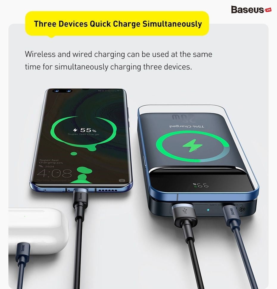 Sạc Dự Phòng Không Dây Baseus Magnetic Fast Charging 10000mAh 20W - Hít Từ Tính, Màn Hình LED, Sạc Nhanh PD Cho iPhone - Trải nghiệm sự tự do sạc không dây đích thực với pin sạc dự phòng <strong>Baseus Magnetic Fast</strong> Charging 10000mAh 20W. Với lực hít từ tính cực mạnh, pin tự động căn chỉnh và bám chắc vào mặt lưng iPhone (từ dòng 12 trở lên), cho phép bạn vừa sạc vừa sử dụng điện thoại một cách thoải mái. Công nghệ sạc nhanh không dây lên đến 15W và sạc nhanh có dây Power Delivery 20W qua cổng Type-C giúp nạp đầy 60% pin chỉ trong 30 phút. Dung lượng 10000mAh cung cấp năng lượng bền bỉ cho cả ngày dài. Màn hình LED kỹ thuật số hiển thị chính xác % pin còn lại, giúp bạn luôn chủ động. Sạc <strong>Baseus Magnetic Fast</strong> là giải pháp năng lượng không dây hoàn hảo, kết hợp giữa tốc độ, sự tiện lợi và thiết kế thời trang.