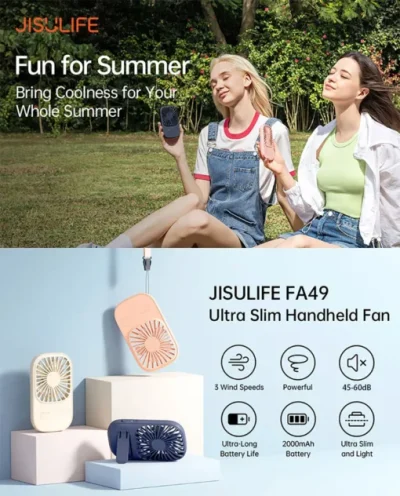 Quạt cầm tay đa năng nhỏ gọn Jisulife FA49 nhỏ gọn, siêu Mỏng, Dễ Thương, pin 13 giờ - Tối giản hành trang mùa hè của bạn với "trợ thủ đắc lực" <strong>Jisulife FA49</strong> - chiếc quạt cầm tay đa năng 3-trong-1 độc đáo. Với thiết kế siêu mỏng, thời trang và dễ thương, sản phẩm này tích hợp 3 chức năng thiết yếu: quạt làm mát mạnh mẽ, sạc dự phòng 2000mAh cứu cánh cho điện thoại và đèn pin tiện lợi. Cánh quạt mềm TPE tự động dừng khi chạm, đảm bảo an toàn tuyệt đối. Thời lượng pin ấn tượng lên đến 13 giờ giúp bạn thoải mái sử dụng suốt cả ngày. <strong>Jisulife FA49</strong> không chỉ là một chiếc quạt, mà là một giải pháp thông minh và phong cách cho cuộc sống năng động.