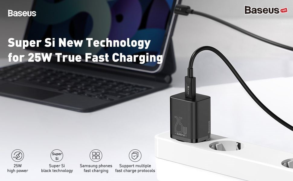 Bộ Sạc Nhanh Baseus Super Si 1C 25W EU - Hỗ Trợ Samsung Super Fast Charging, Kèm Cáp Type-C - Khai phóng tốc độ sạc tối đa cho điện thoại Samsung của bạn với bộ sạc nhanh <strong>Baseus Super Si 1C 25W EU</strong>. Được trang bị công nghệ Super Si (Super Silicon) tiên tiến, củ sạc có kích thước siêu nhỏ gọn nhưng lại sở hữu công suất 25W mạnh mẽ, hỗ trợ đầy đủ giao thức PPS để kích hoạt chế độ "Super Fast Charging" cho các dòng Samsung Galaxy. Sạc 60% pin cho Galaxy S22 chỉ trong 30 phút. Công nghệ kiểm soát nhiệt độ thông minh đảm bảo sạc nhanh nhưng luôn mát mẻ và an toàn. Bộ sản phẩm đi kèm sẵn cáp sạc Type-C to Type-C 1m chất lượng cao, tạo thành giải pháp toàn diện, mua là dùng ngay. Chọn <strong>Baseus Super Si 1C 25W EU</strong> để trải nghiệm tốc độ sạc đỉnh cao.