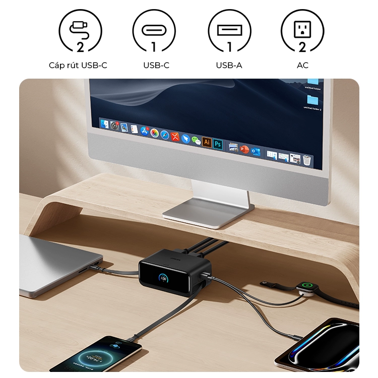 Trạm Sạc Anker Nano 100W 7-in-1 A91C8 - Tích Hợp Cáp USB-C Rút Gọn Siêu Tiện Lợi - Nói lời tạm biệt với mớ dây cáp lộn xộn cùng trạm sạc Anker Nano 100W <strong>A91C8</strong>. Đây là giải pháp 7-trong-1 tối thượng, nổi bật với một cáp sạc USB-C 100W tích hợp có thể rút gọn độc đáo. Bạn sẽ không bao giờ quên hay làm mất dây sạc laptop nữa! Ngoài ra, sản phẩm còn có 2 ổ cắm AC, 2 cổng USB-C, và 2 cổng USB-A, cung cấp tổng công suất USB 100W để sạc mọi thiết bị từ laptop đến điện thoại. Với thiết kế Nano siêu nhỏ gọn và công nghệ an toàn ActiveShield™ 2.0, trạm sạc <strong>A91C8</strong> là lựa chọn hoàn hảo để giữ cho không gian làm việc của bạn luôn ngăn nắp và đầy năng lượng.