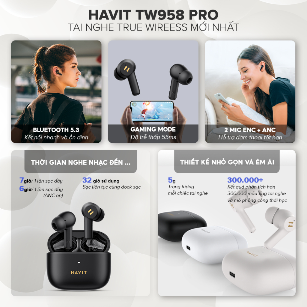 Tai Nghe True Wireless HAVIT TW958 Pro, Bluetooth 5.3, 2 Mic ENC+ ANC Nghe Đến 32H - Hàng Chính Hãng - Tận hưởng sự tĩnh lặng tuyệt đối và những cuộc gọi trong trẻo với tai nghe True Wireless <strong>HAVIT TW958 Pro</strong>. Đây là giải pháp âm thanh toàn diện, trang bị công nghệ chống ồn kép: ANC chủ động loại bỏ tạp âm môi trường khi nghe nhạc, và 2 mic ENC lọc ồn hiệu quả cho những cuộc gọi rõ ràng. Trải nghiệm kết nối không dây thế hệ mới với Bluetooth 5.3 ổn định, liền mạch. Đắm chìm trong âm nhạc cả ngày dài với tổng thời lượng pin lên đến 32 giờ. Với thiết kế công thái học vừa vặn và điều khiển cảm ứng thông minh, <strong>HAVIT TW958 Pro</strong> là người bạn đồng hành lý tưởng cho một cuộc sống năng động và không bị làm phiền.