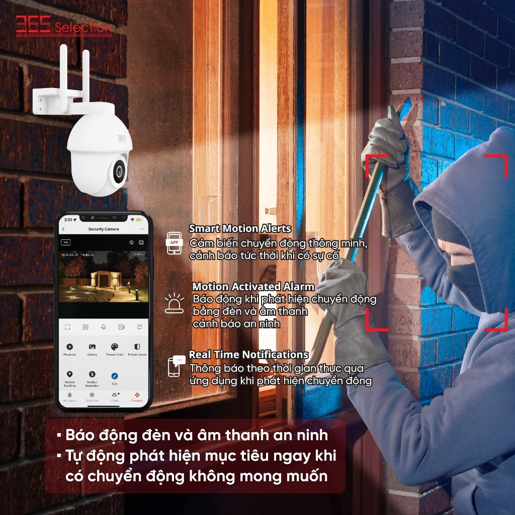 Camera Wifi Ngoài Trời 365 Selection OC2 Tuya 5MP 3K Chính Hãng - <strong>Camera Wifi 365 Selection OC2 Tuya 5MP 3K</strong>, chống nước IP65, quay 360° PTZ, quay màu ban đêm 10m. Kết nối Tuya Smart/365 Life qua Wifi 2.4GHz, đàm thoại 2 chiều, phát hiện chuyển động AI. Hỗ trợ thẻ nhớ 256GB, lắp đặt dễ, bảo hành 24 tháng, lý tưởng giám sát ngoài trời.