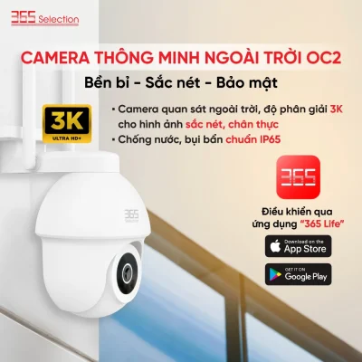 Camera Wifi Ngoài Trời 365 Selection OC2 Tuya 5MP 3K Chính Hãng - <strong>Camera Wifi 365 Selection OC2 Tuya 5MP 3K</strong>, chống nước IP65, quay 360° PTZ, quay màu ban đêm 10m. Kết nối Tuya Smart/365 Life qua Wifi 2.4GHz, đàm thoại 2 chiều, phát hiện chuyển động AI. Hỗ trợ thẻ nhớ 256GB, lắp đặt dễ, bảo hành 24 tháng, lý tưởng giám sát ngoài trời.