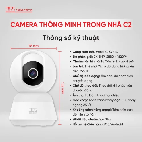 Camera Wifi Trong Nhà 365 Selection C2 Tuya 5MP 3K Chính Hãng - Hình ảnh 2