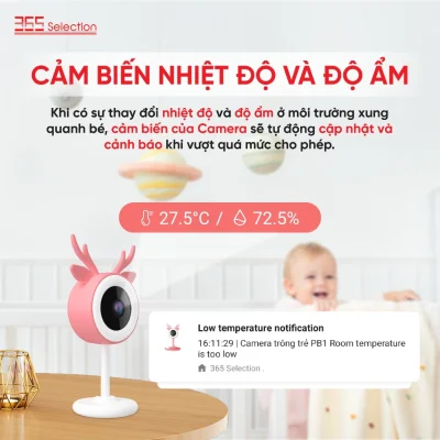 Camera Trông Trẻ Thông Minh 365 Selection PB1 Tuya 3MP 2K Chính Hãng - <strong>Camera Trông Trẻ 365 Selection PB1 3MP 2K</strong>, màu hồng phấn, phát hiện tiếng khóc, chuyển động bằng AI. Quay 360°, đàm thoại 2M, phát nhạc ru, đo nhiệt độ, độ ẩm. Kết nối Tuya Smart/365 Life qua Wifi 2.4GHz, lưu trữ thẻ 256GB. Lắp dễ, lý tưởng chăm sóc trẻ 24/7.
