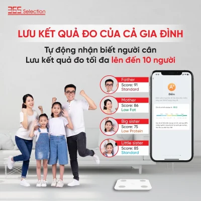 Cân Điện Tử Thông Minh 365 Selection WS2 Chính Hãng - Cân Điện Tử 365 Selection WS2 đo 18 chỉ số cơ thể, độ chính xác 0.1kg, kết nối Bluetooth qua app 365 Life. Thiết kế nhỏ gọn (26x26x2.45cm, 1.1kg), kính cường lực, màn hình LED. Hỗ trợ 10 người dùng, pin AAA dùng 120 ngày. Bảo hành 12 tháng, lý tưởng theo dõi sức khỏe gia đình.