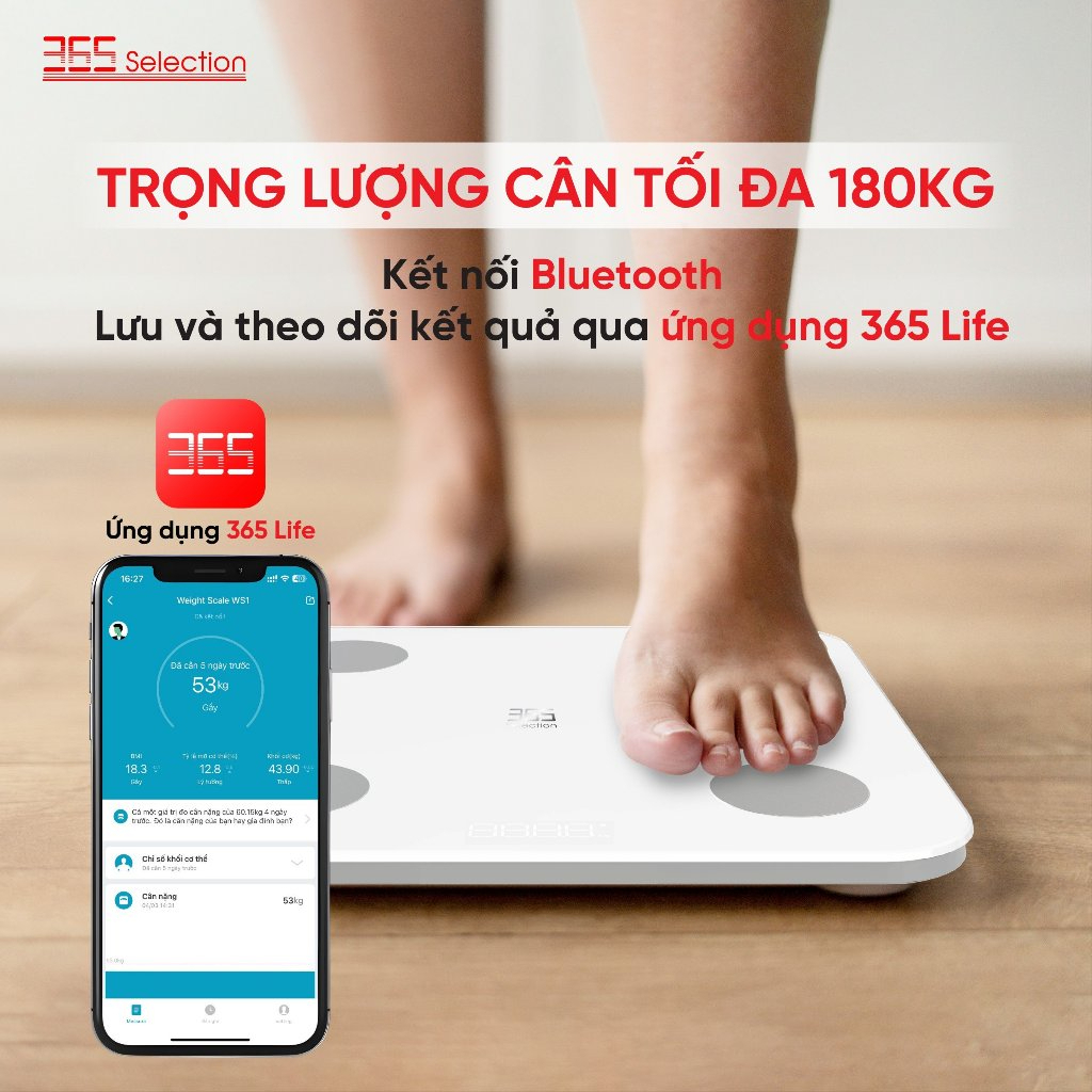 Cân Điện Tử Thông Minh 365 Selection WS2 Chính Hãng - Cân Điện Tử 365 Selection WS2 đo 18 chỉ số cơ thể, độ chính xác 0.1kg, kết nối Bluetooth qua app 365 Life. Thiết kế nhỏ gọn (26x26x2.45cm, 1.1kg), kính cường lực, màn hình LED. Hỗ trợ 10 người dùng, pin AAA dùng 120 ngày. Bảo hành 12 tháng, lý tưởng theo dõi sức khỏe gia đình.