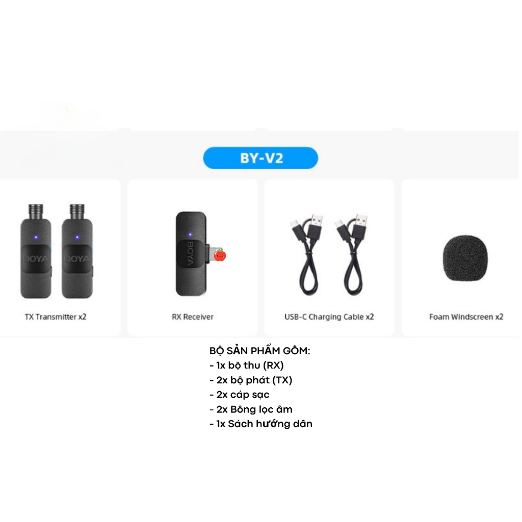 Micro Thu Âm Không Dây BOYA BY-V2 FB194 2in1 Chính Hãng - Micro Không Dây <strong>BOYA BY-V2 FB194</strong> (2 TX + 1 RX) siêu gọn (6g), thu âm đa hướng 360°, chống ồn NR. Tương thích iPhone 14 Pro Max trở xuống qua Lightning MFi. Pin TX 9 giờ, phạm vi 50m, chất lượng 48kHz/16bit. Lý tưởng cho vlog, livestream, TikTok 2 người.