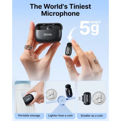 Micro Thu Âm Không Dây BOYA MINI 12 Chính Hãng - Micro Thu Âm Không Dây <strong>BOYA MINI 12</strong> siêu nhỏ gọn (5g), thu âm đa hướng 360°, chống ồn AI 3 mức. Tương thích Type-C, Lightning cho iPhone, Android, tablet, laptop. Pin 6 giờ, hộp sạc 1000mAh cho 30 giờ sử dụng. Phạm vi 100m, lý tưởng cho vlog, livestream, TikTok.