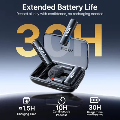 Micro Cài Áo Không Dây BOYALINK 3in1 Đa Năng Chính Hãng - Micro Cài Áo <strong>BOYALINK</strong> 3in1 không dây, độ nhạy cao (-42dB), chống ồn mạnh, thu âm đa hướng 360°. Tương thích iPhone, Android, camera qua USB-C, Lightning, 3.5mm. Pin 30 giờ với hộp sạc 1000mAh, phạm vi 100m. Lý tưởng cho vlog, livestream, phỏng vấn.